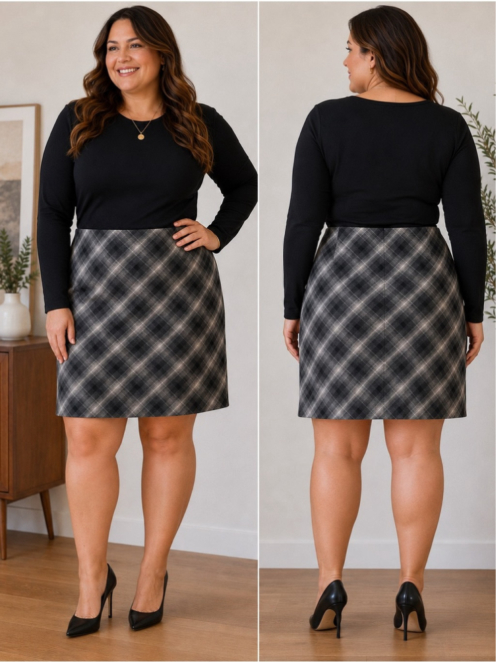 Cotton Ginny Plus Plaid A-Line Skirt in Black and Gray Size 16 Preppy Classic